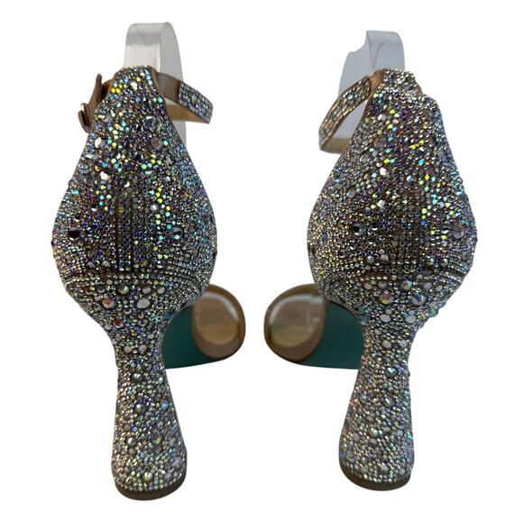 Betsey Johnson Dani Sandals Spool Heel Womens 8.5 M Shiny Rhinestones Buckle - Picture 5 of 11